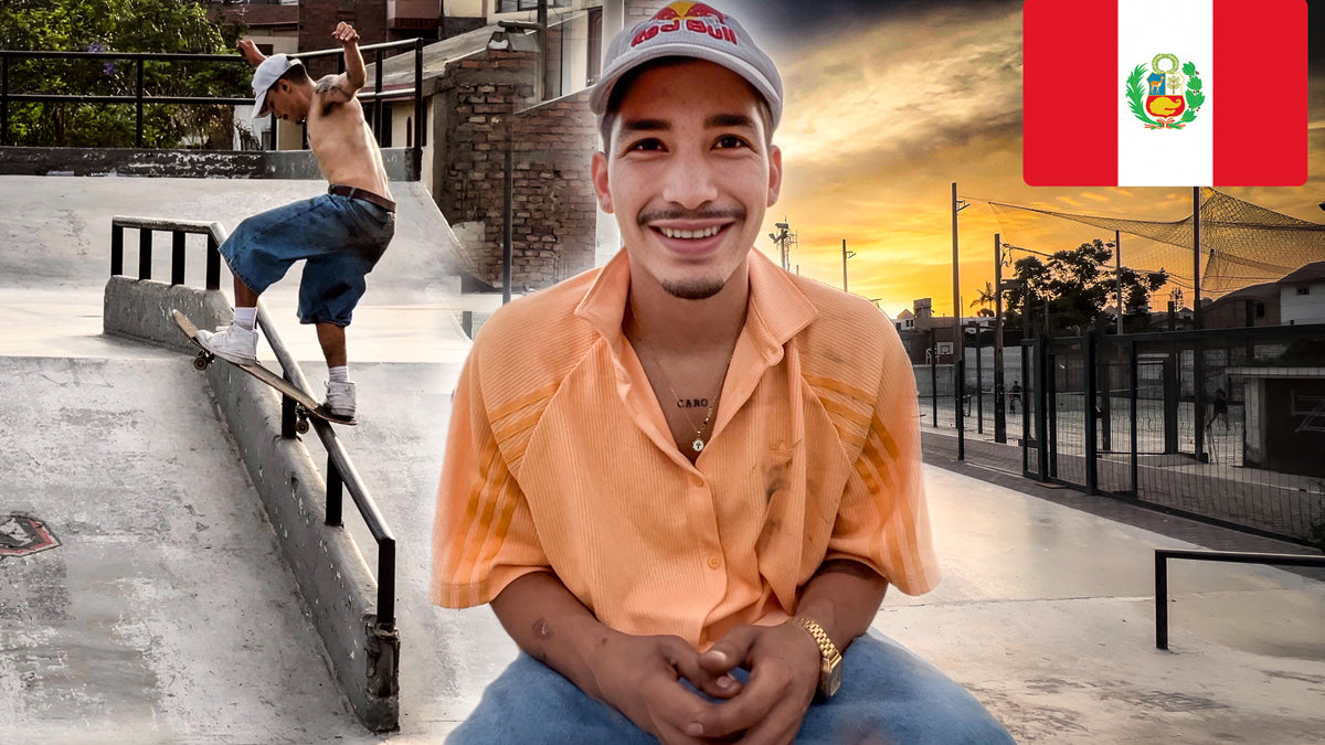 Skateboarding in Lima, Peru: Angelo Caro at the skatepark, a rail trick behind him and the Peruvian flag in the corner. Photo by Mike Boisvert / The Skate Nomad