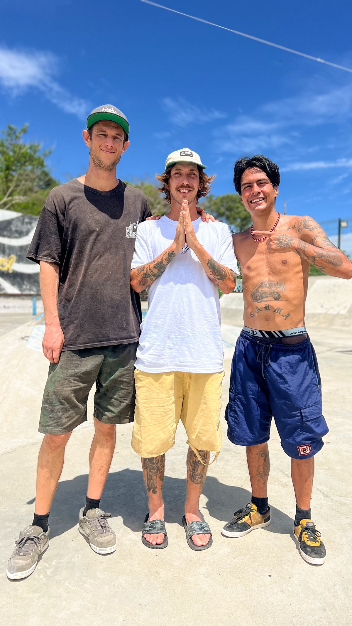 Skateboarding in Mexico: Mike Boisvert with two local skaters at a skatepark bowl. Photo by Mike Boisvert / The Skate Nomad