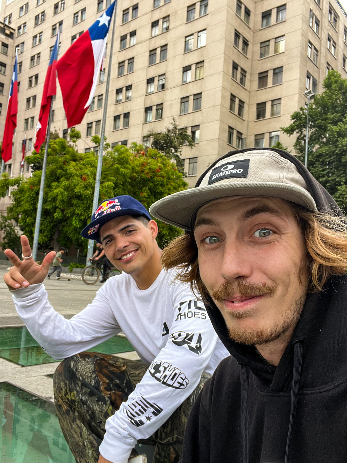 Santiago, Chile: Mike Boisvert and Marcelo Jiménez take a selfie downtown. Photo by Mike Boisvert / The Skate Nomad