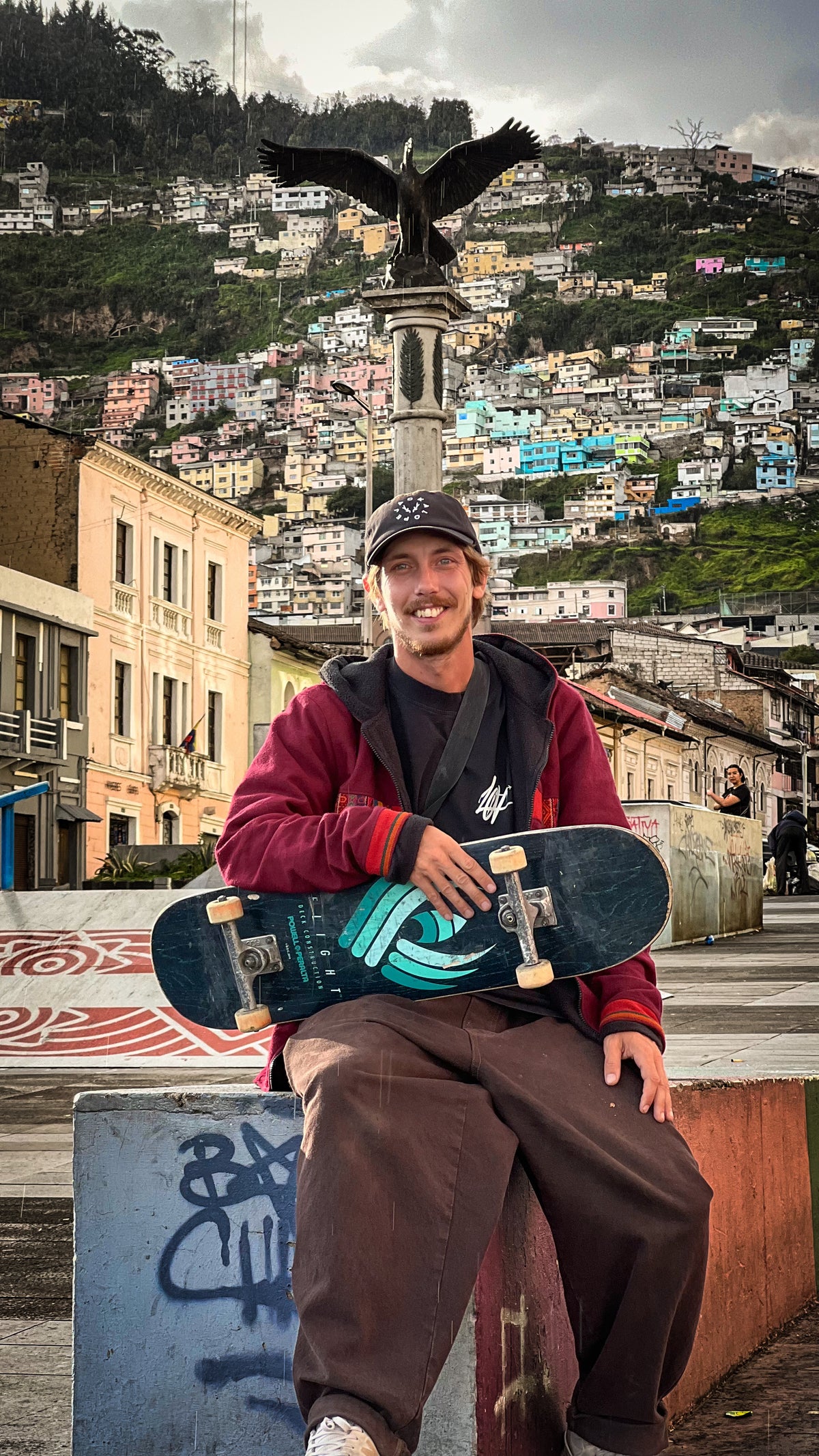 Quito, Ecuador: Mike Boisvert with his board on a plaza in the old town. Photo by Mike Boisvert / The Skate Nomad