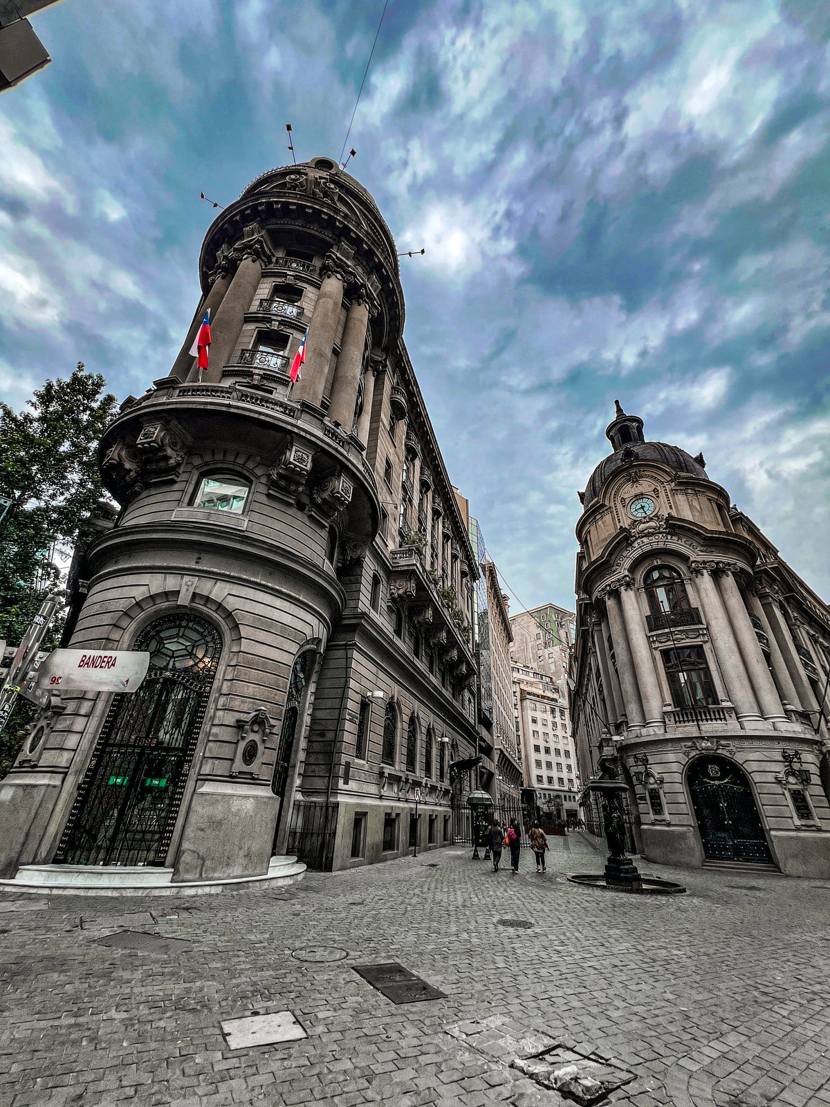 Santiago, Chile: historic stone buildings on a cobbled street downtown. Photo by Mike Boisvert / The Skate Nomad