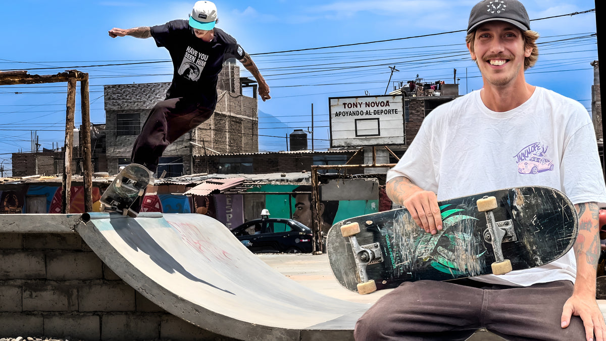 Skateboarding in Peru: Mike Boisvert sits on a DIY quarter pipe in a desert town while a local skater airs behind him. Photo by Mike Boisvert / The Skate Nomad
