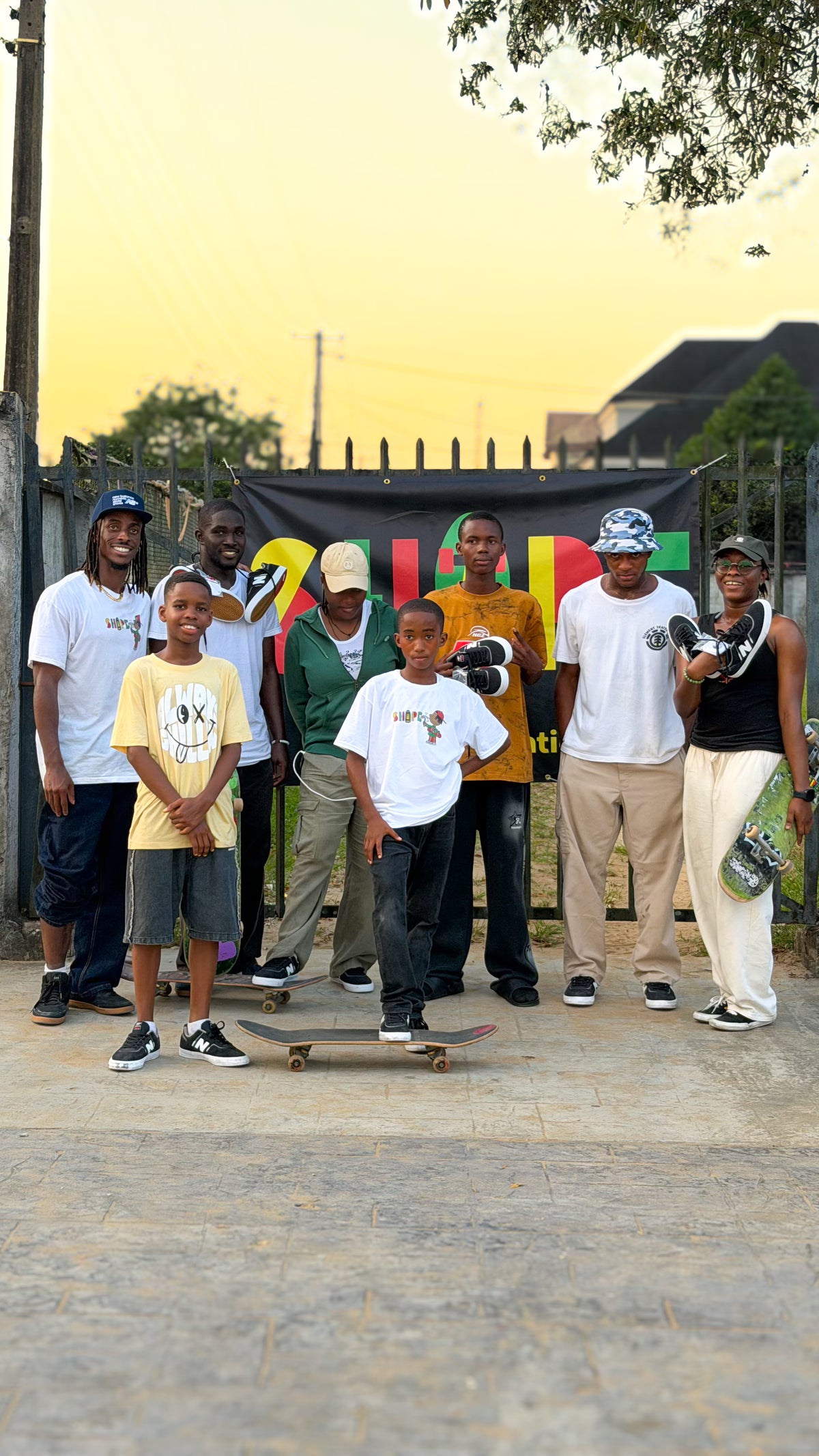 Skateboarding in Nigeria: young skaters and the crew at a Shape Skate Foundation event. Photo by Mike Boisvert / The Skate Nomad