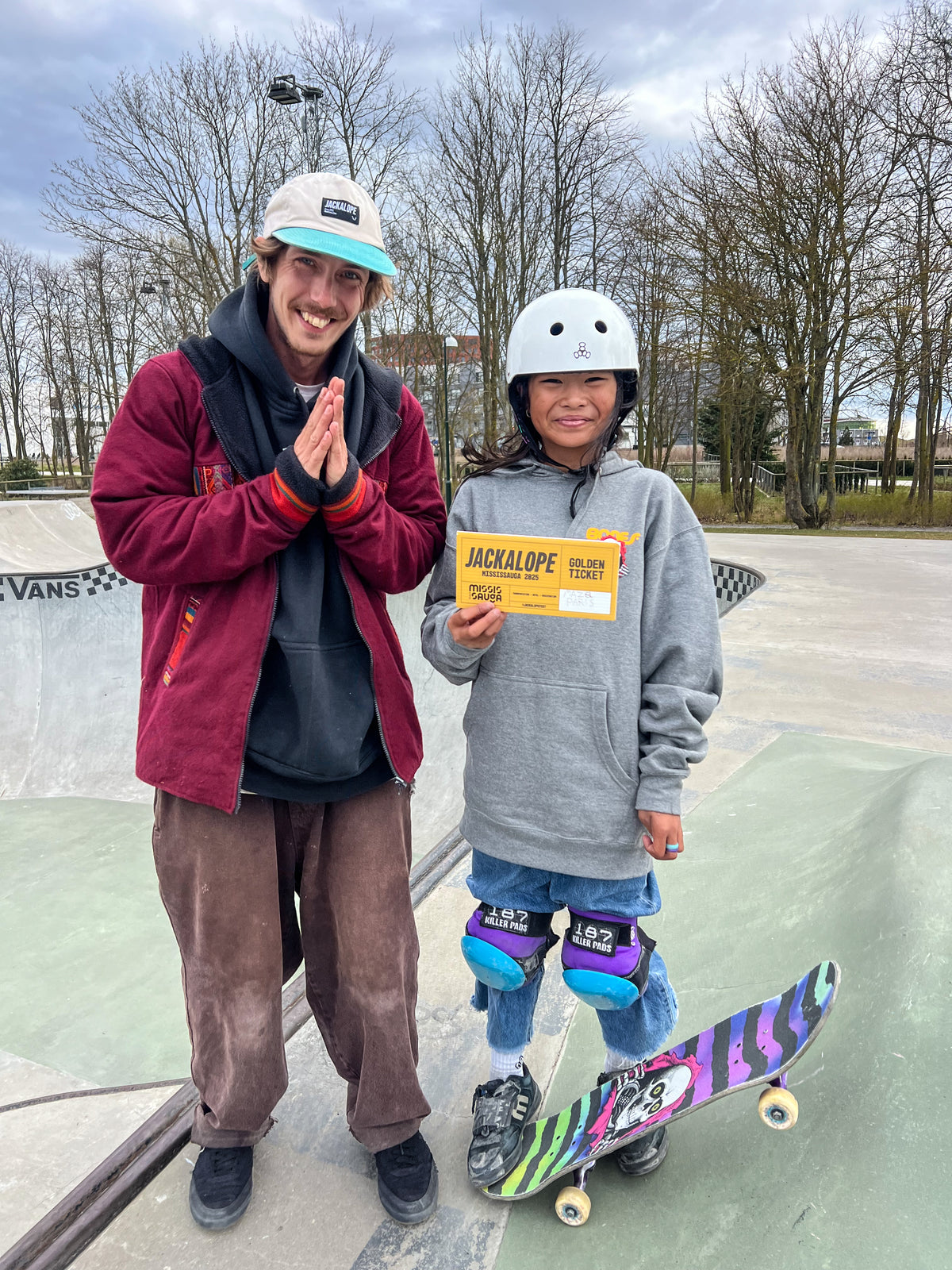 Skateboarding in Malmö, Sweden: Mike Boisvert and Mazel Paris with her JACKALOPE Golden Ticket at Stapelbäddsparken. Photo by Mike Boisvert / The Skate Nomad