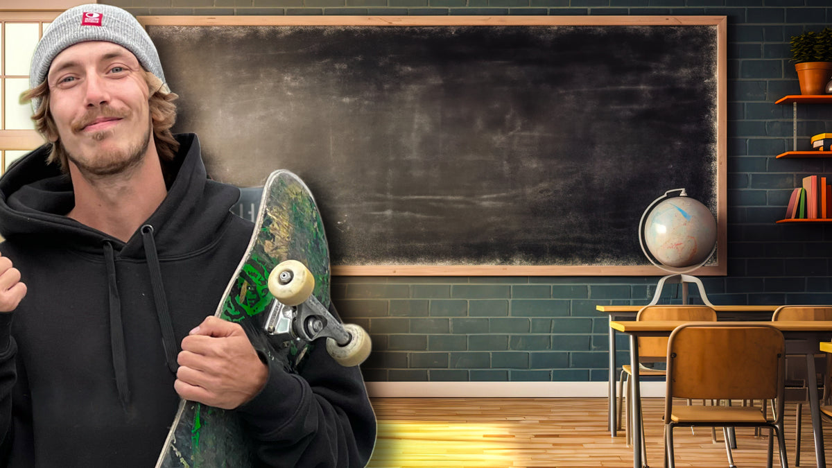 Skateboarding in Malmö, Sweden: Mike Boisvert with his board in a Bryggeriet classroom. Photo by Mike Boisvert / The Skate Nomad
